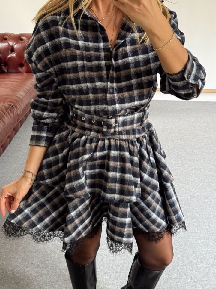 LACİVERT DANTEL DETAY EKOSE ELBİSE