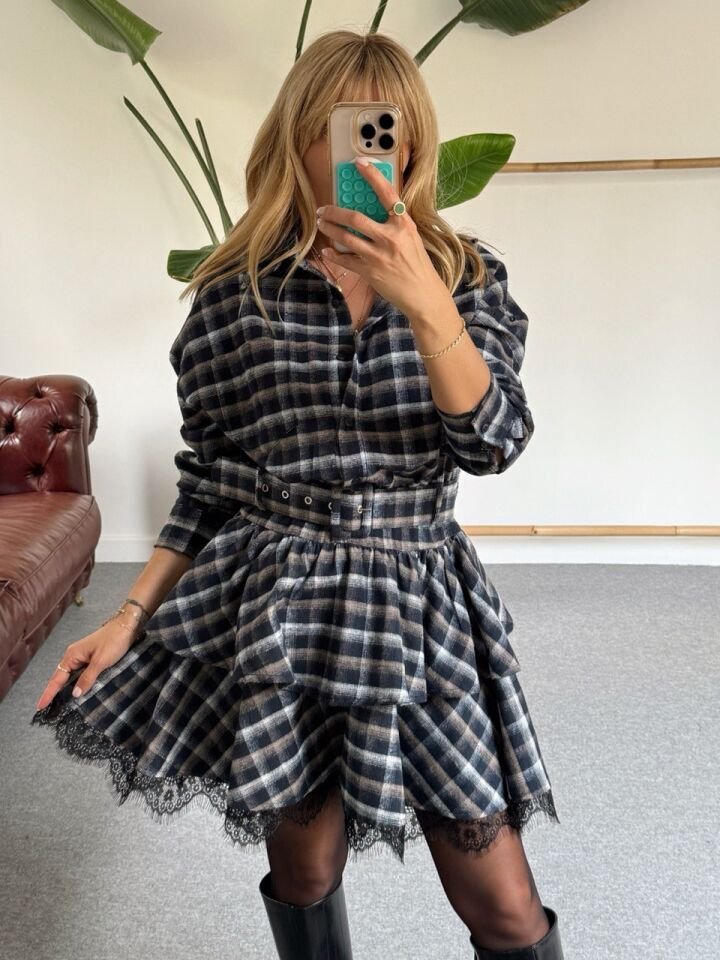 LACİVERT DANTEL DETAY EKOSE ELBİSE