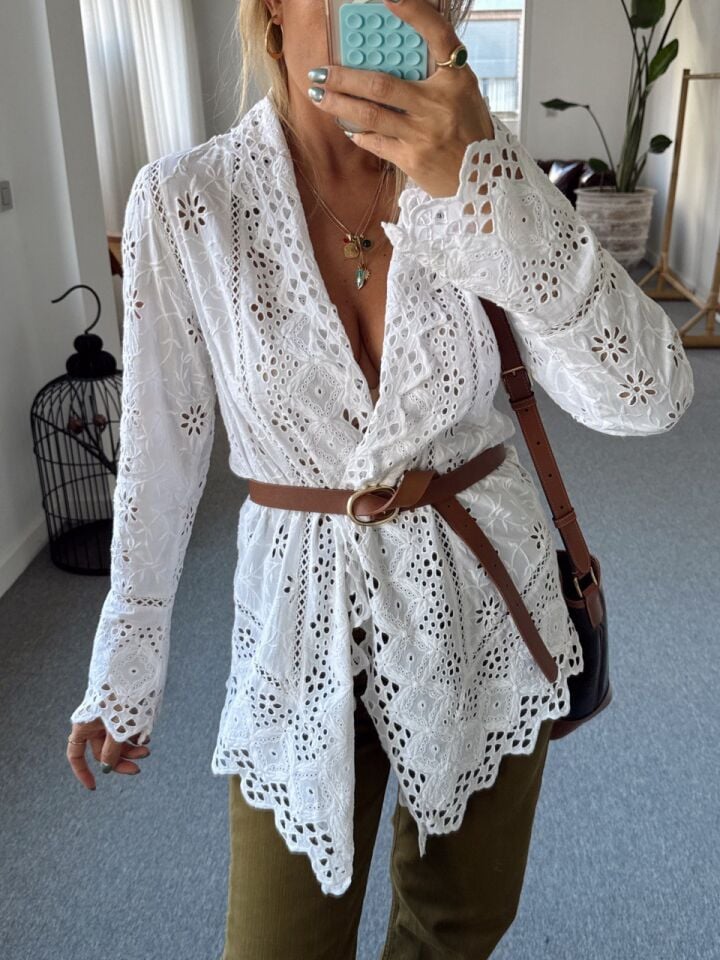 BEYAZ ASİMETRİK GÜPÜR İTHAL KİMONO BLUZ