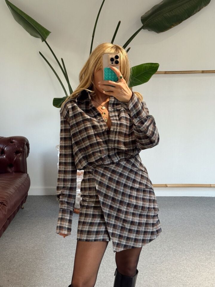 KAHVE ETEKLİ GÖMLEK ELBİSE