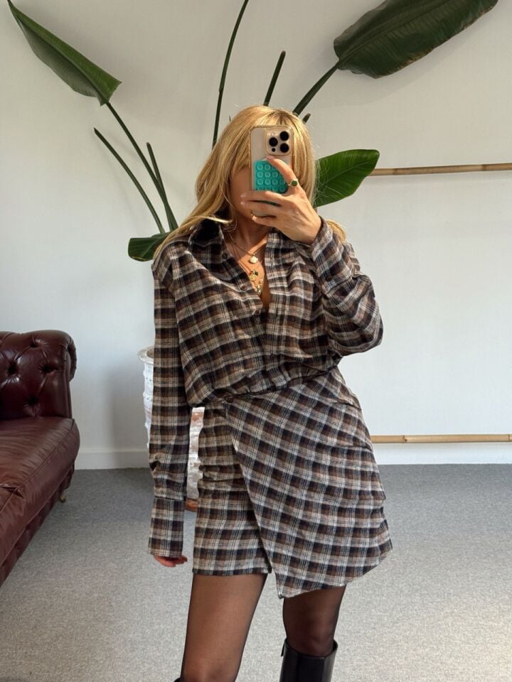 KAHVE ETEKLİ GÖMLEK ELBİSE