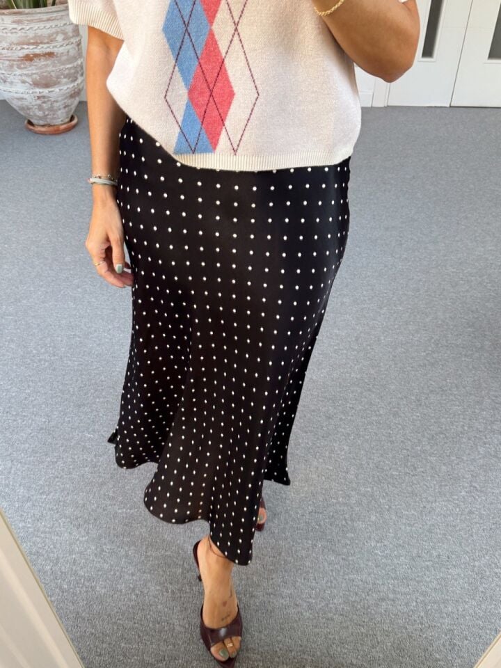 SİYAH PUANTİYE DESEN SATEN ETEK