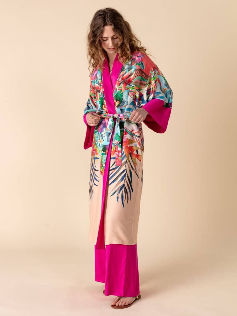FUŞYA ÇİÇEK DESENLİ SATEN İTHAL KAFTAN