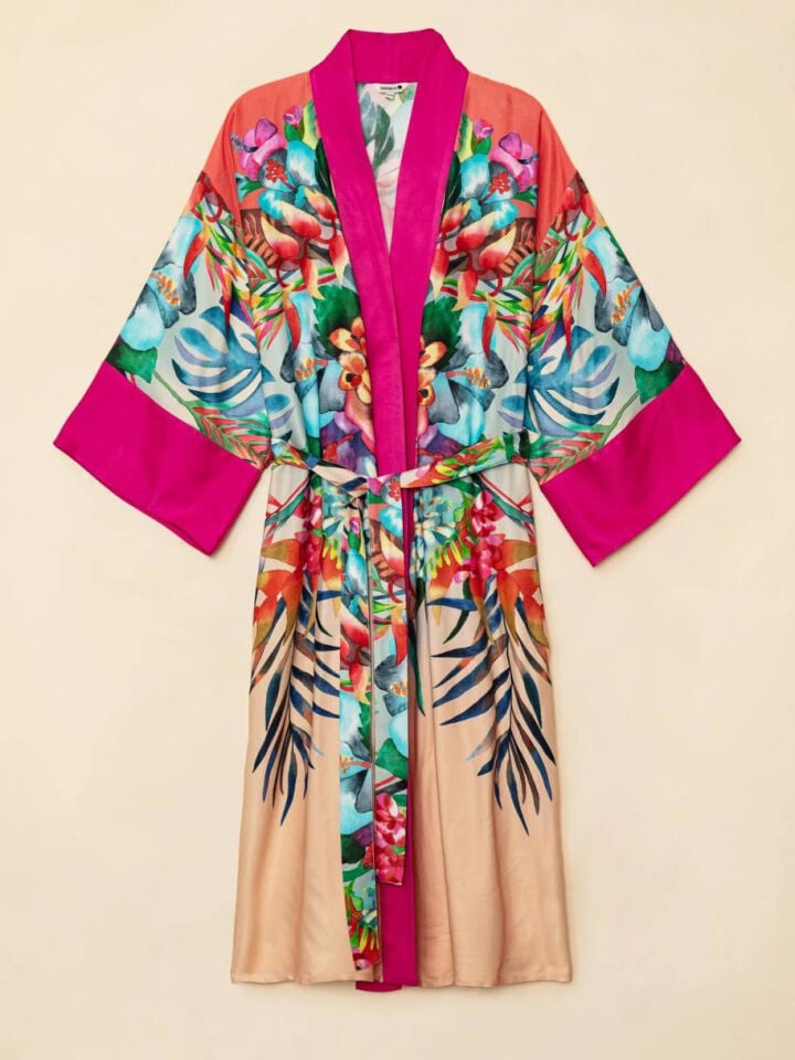 FUŞYA ÇİÇEK DESENLİ SATEN İTHAL KAFTAN