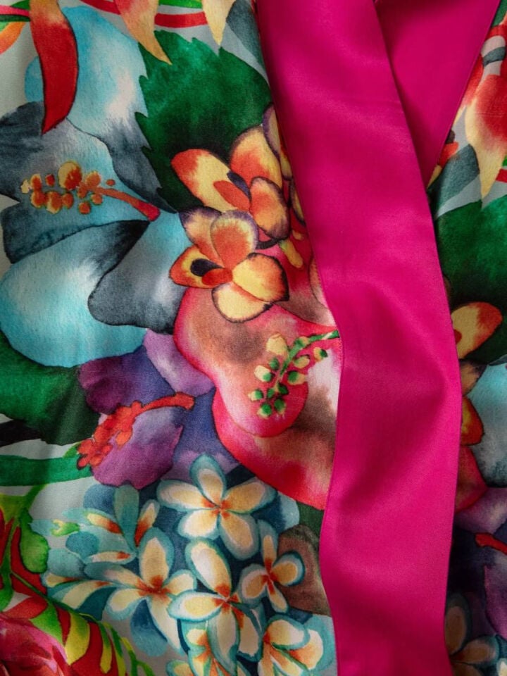 FUŞYA ÇİÇEK DESENLİ SATEN İTHAL KAFTAN