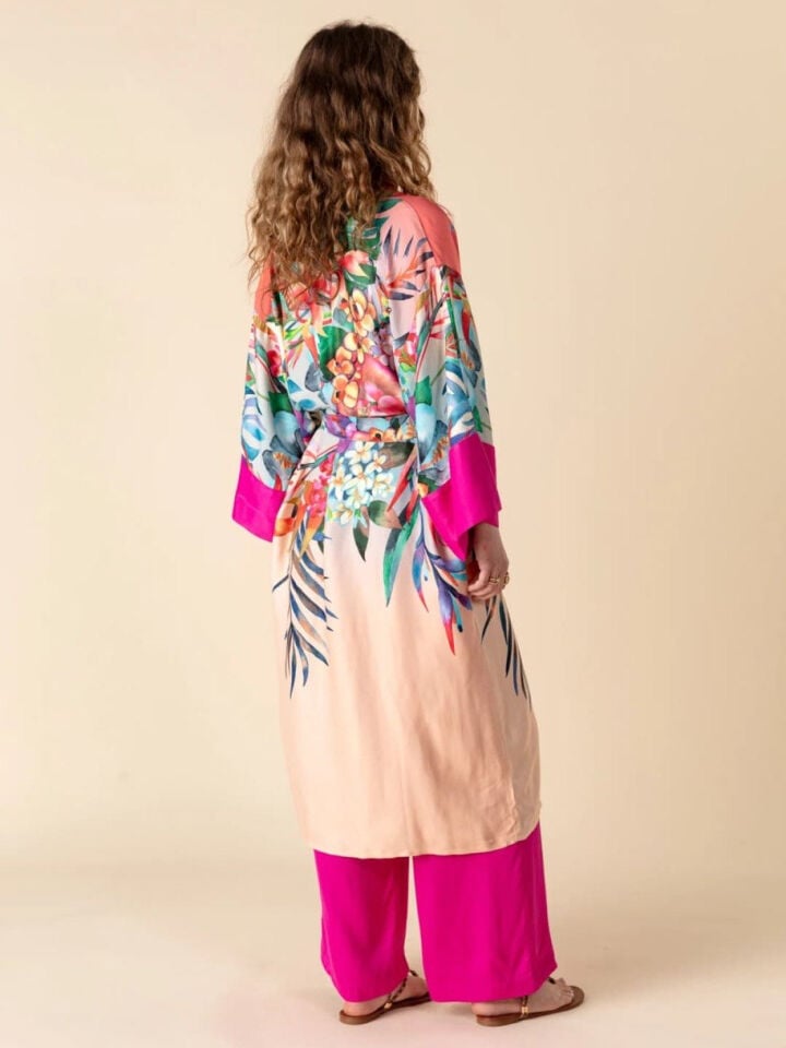 FUŞYA ÇİÇEK DESENLİ SATEN İTHAL KAFTAN