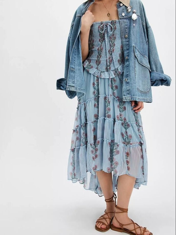 MAVİ GİPE DETAYLI ÇİÇEKLİ İTHAL ELBİSE