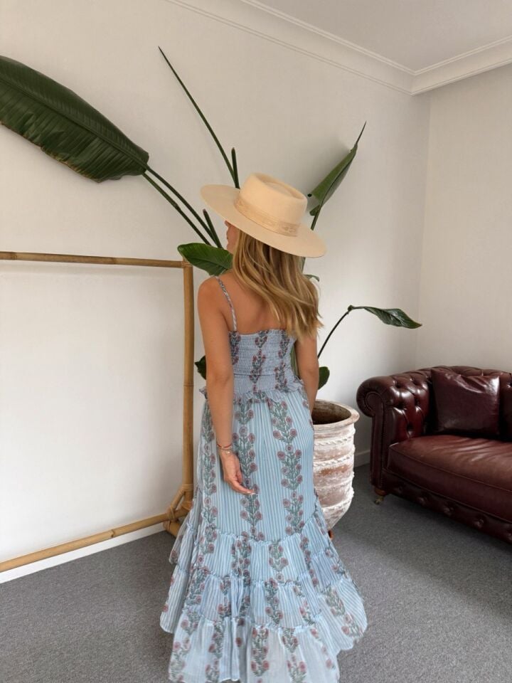 MAVİ GİPE DETAYLI ÇİÇEKLİ İTHAL ELBİSE