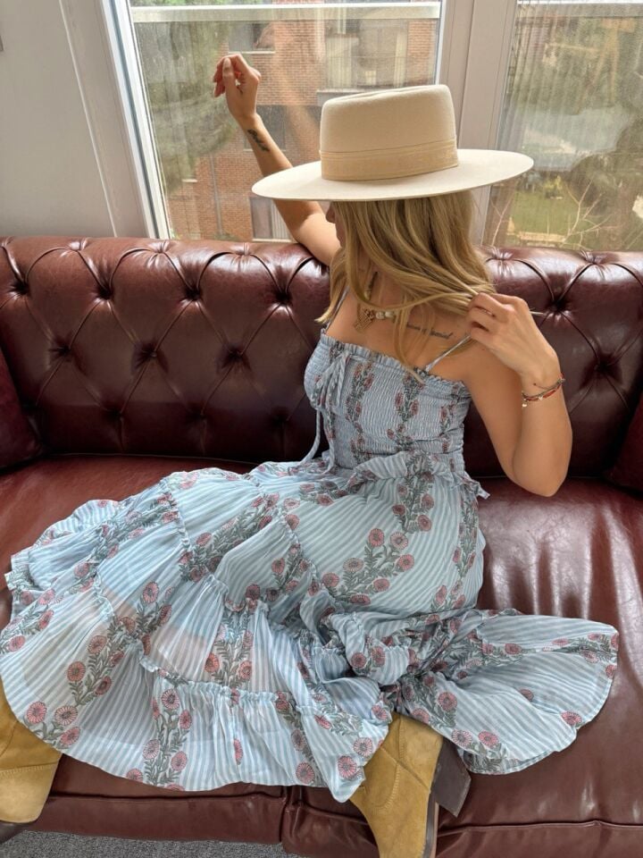 MAVİ GİPE DETAYLI ÇİÇEKLİ İTHAL ELBİSE