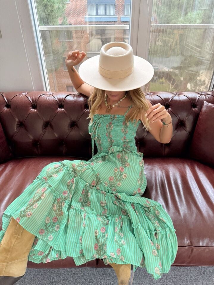 YEŞİL GİPE DETAYLI ÇİÇEKLİ İTHAL ELBİSE