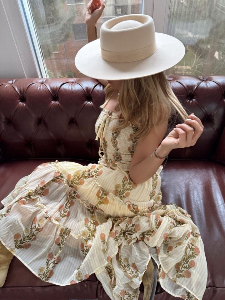 SARI GİPE DETAYLI ÇİÇEKLİ İTHAL ELBİSE