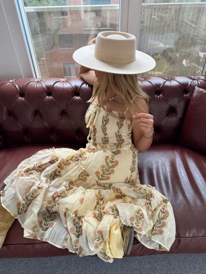 SARI GİPE DETAYLI ÇİÇEKLİ İTHAL ELBİSE