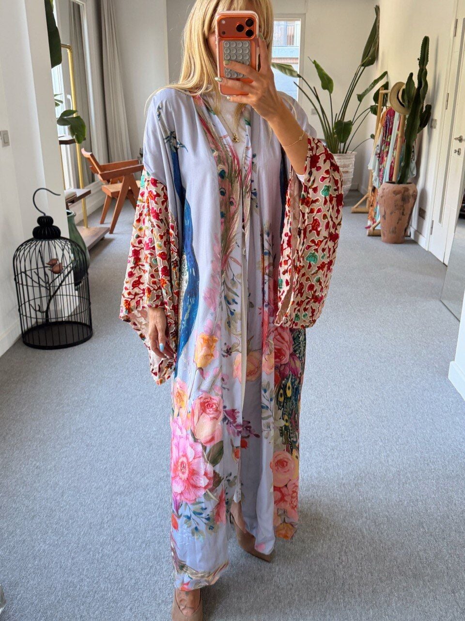 LİLA TAVUS KUŞU DESEN KAFTAN