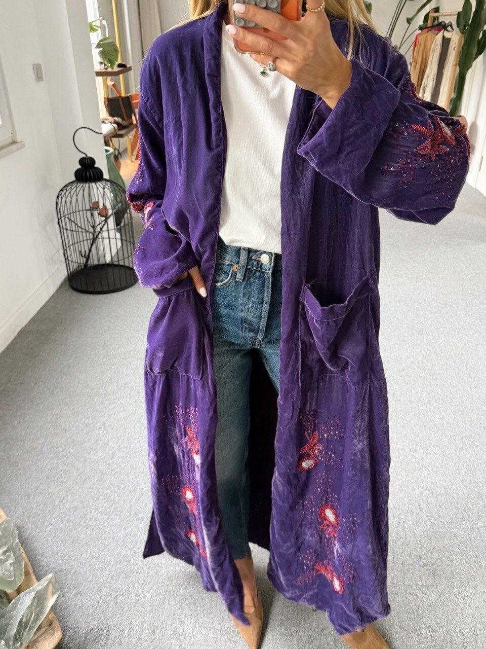 MOR KADİFE BONCUK İŞLEMELİ İTHAL KAFTAN