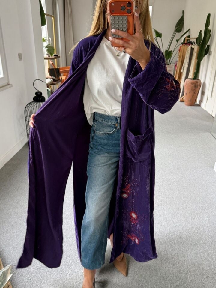 MOR KADİFE BONCUK İŞLEMELİ İTHAL KAFTAN