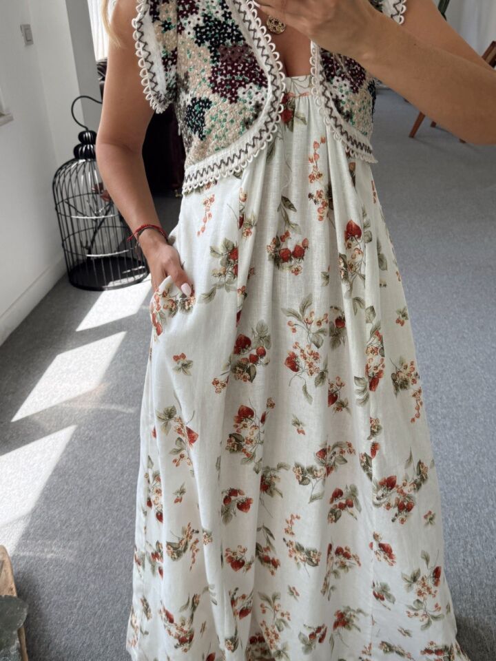 KETEN FLORAL DESEN MAXI ITHAL ELBİSE