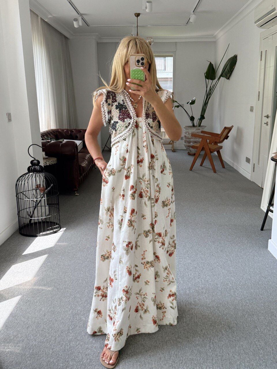 KETEN FLORAL DESEN MAXI ITHAL ELBİSE
