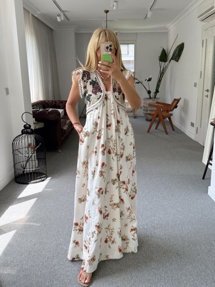 KETEN FLORAL DESEN MAXI ITHAL ELBİSE