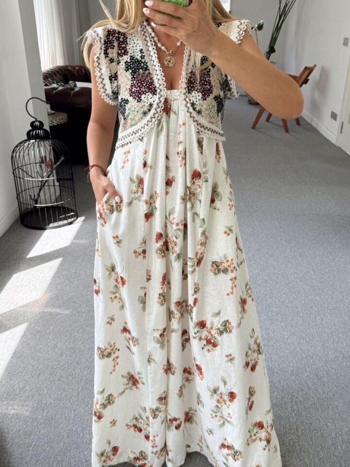 KETEN FLORAL DESEN MAXI ITHAL ELBİSE