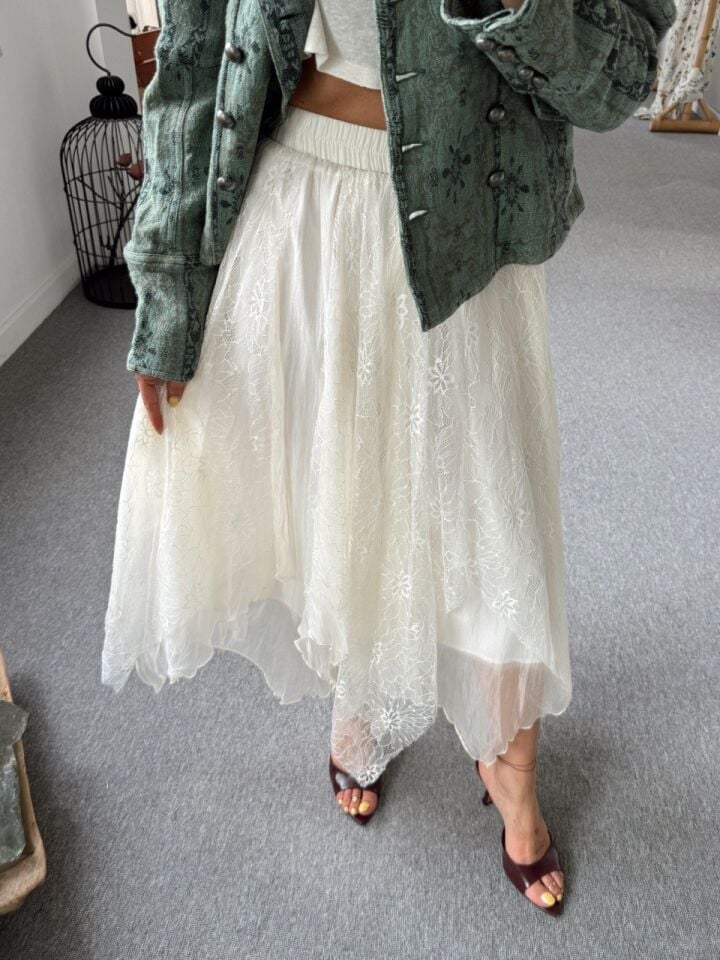 KREM TÜL DANTEL PARÇALI İTHAL ETEK