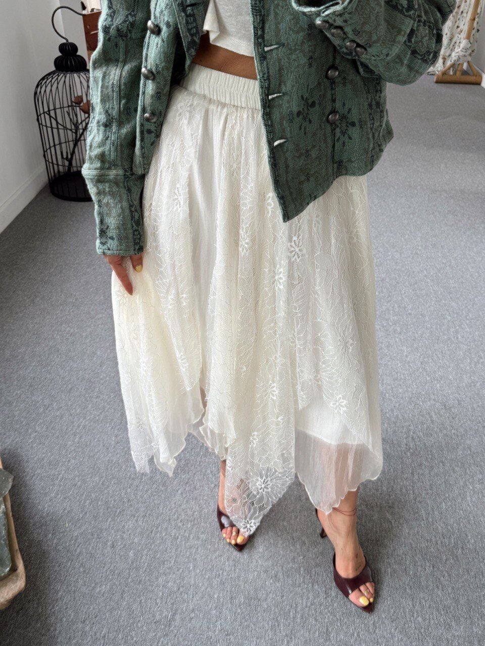 KREM TÜL DANTEL PARÇALI İTHAL ETEK