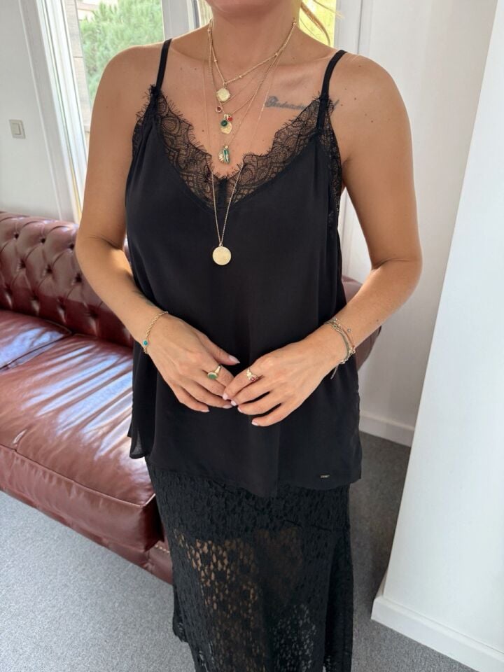 SİYAH DANTEL DETAY İPEK İTHAL BLUZ