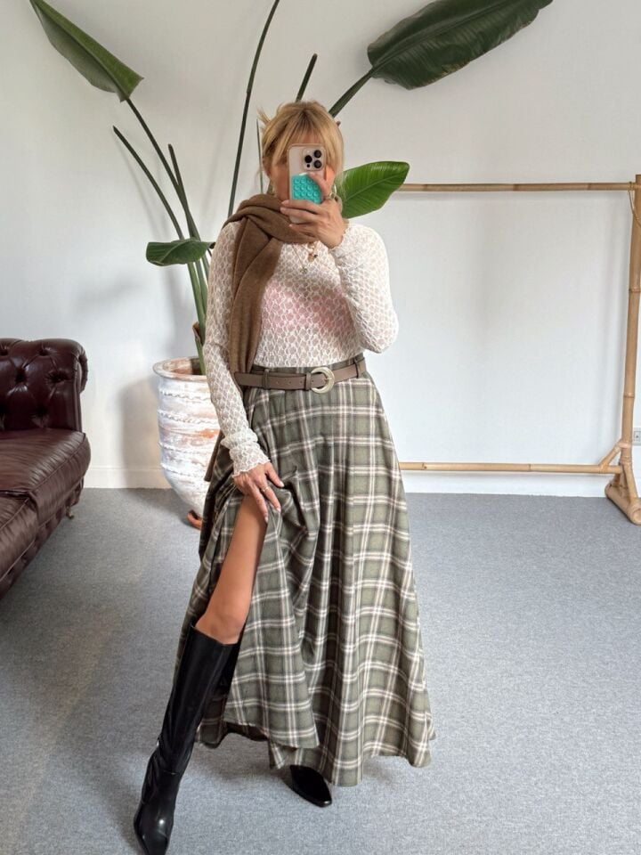 HAKİ-KAHVE EKOSE KEMERLİ  ETEK