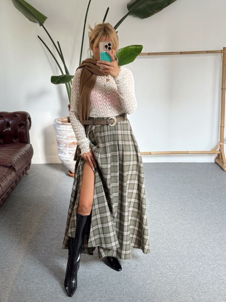 HAKİ-KAHVE EKOSE KEMERLİ  ETEK