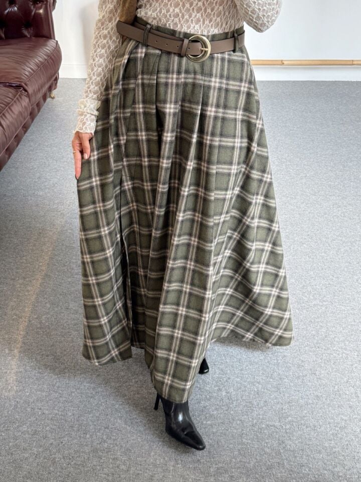 HAKİ-KAHVE EKOSE KEMERLİ  ETEK