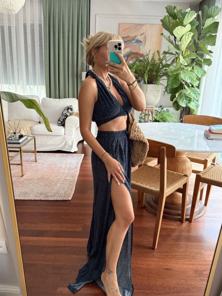 LACİVERT DESENLİ BEACHWEAR TAKIM