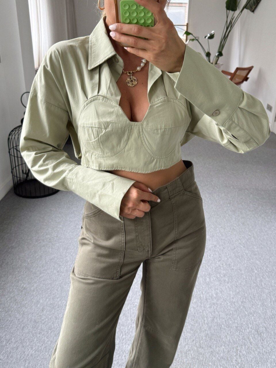 SU YEŞİLİ BAĞLAMALI CROP GÖMLEK