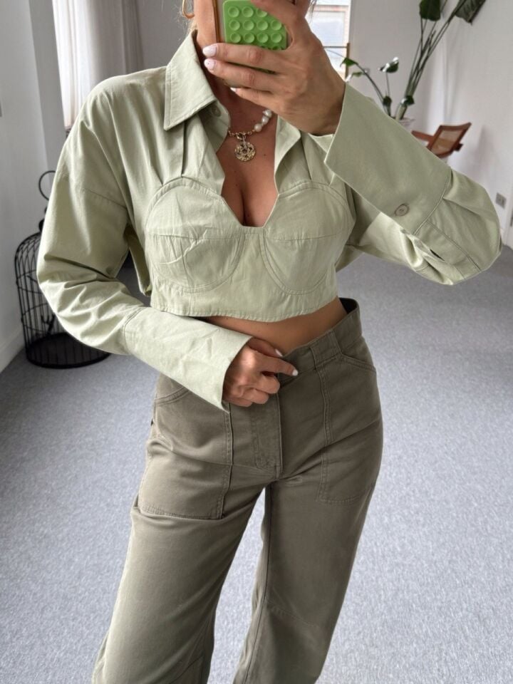 SU YEŞİLİ BAĞLAMALI CROP GÖMLEK