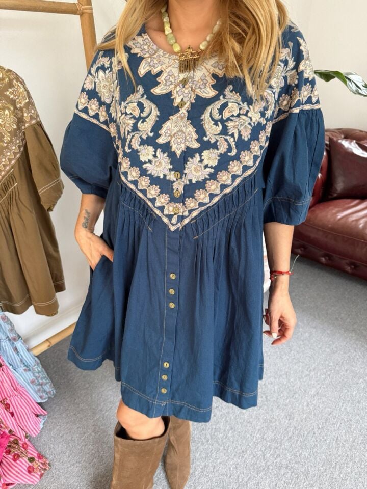 INDIGO ISLEMELI İTHAL TUNIK ELBISE