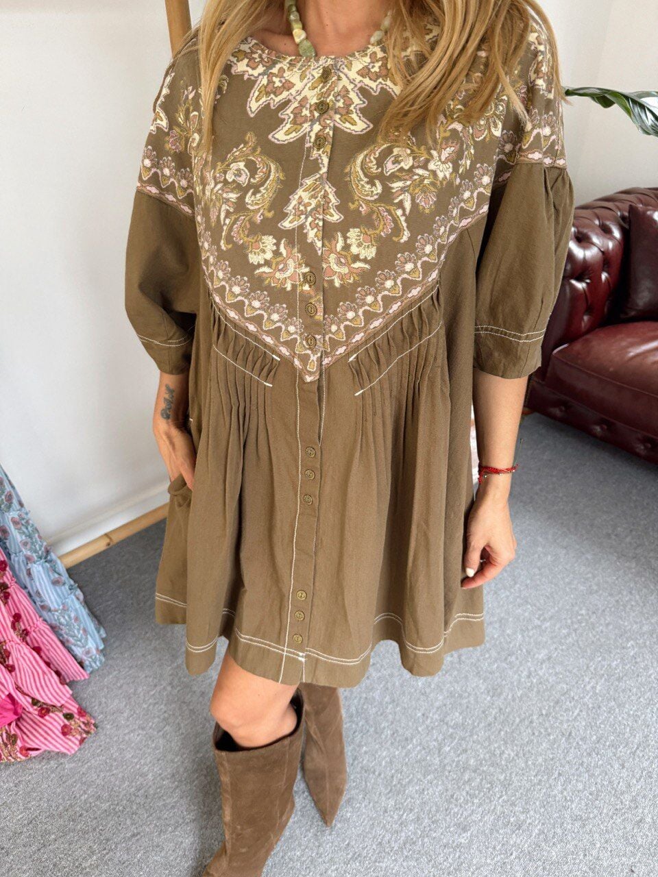 HAKİ DIGITAL BASKI İTHAL TUNİK ELBİSE