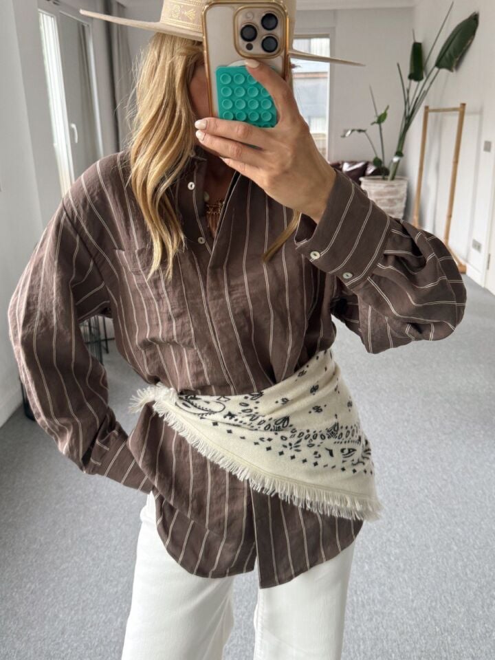 KAHVE-KREM PAMUKLU OVERSIZE GÖMLEK