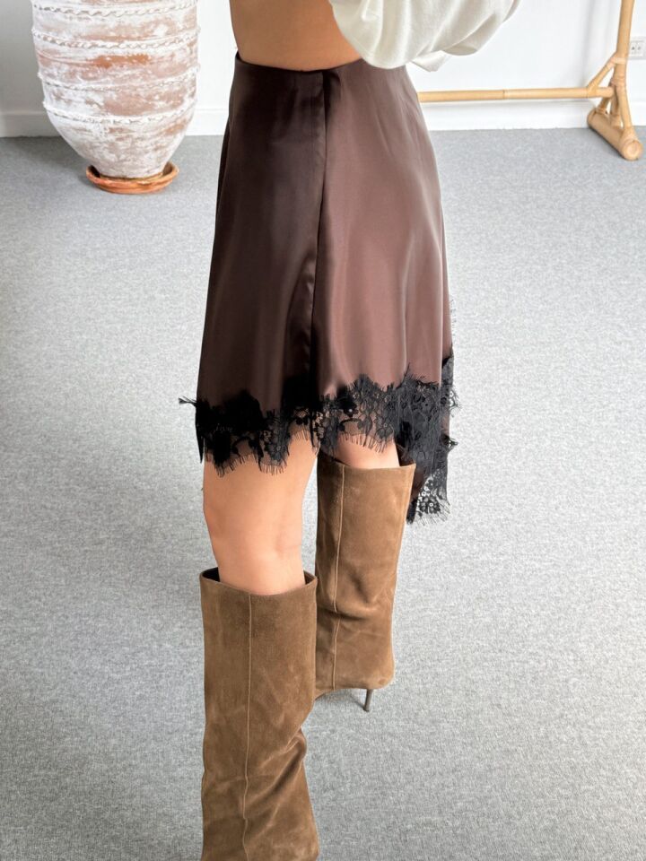 KAHVE MİDİ BOY DANTEL DETAY ETEK