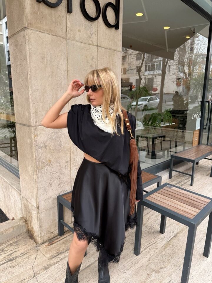 SİYAH MİDİ BOY DANTEL DETAY ETEK