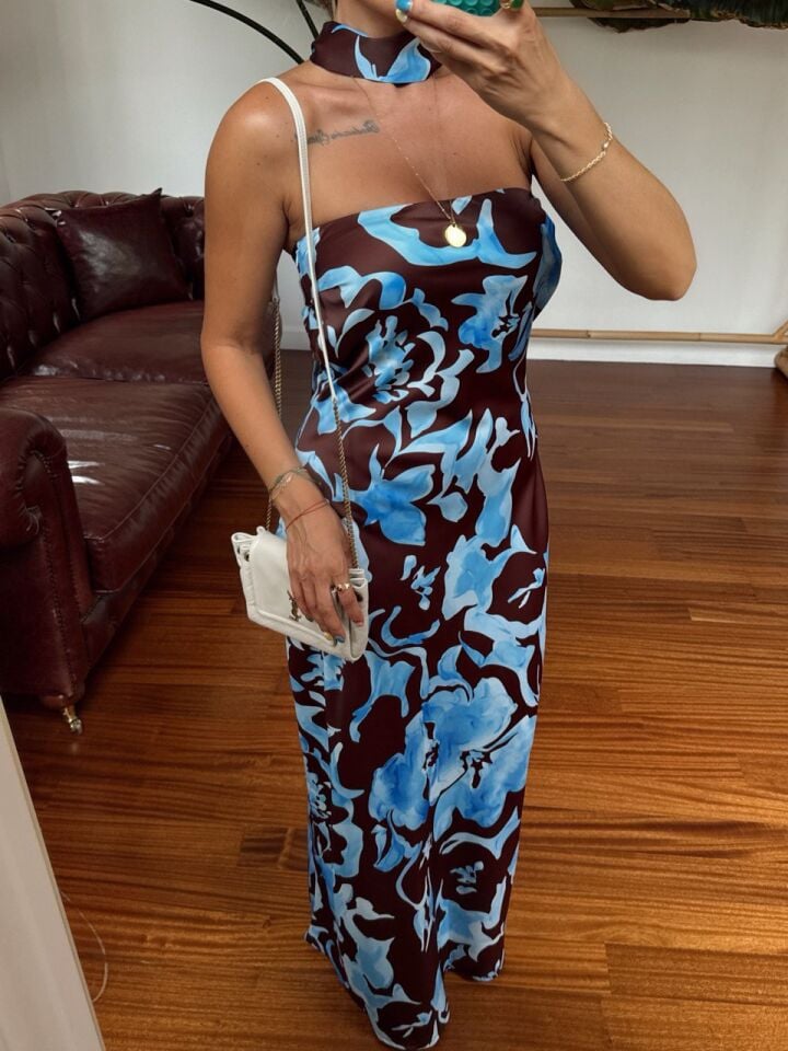 DESENLİ STRAPLEZ MAXI SATEN ELBİSE