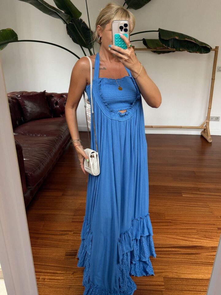 MAVİ STRAPLEZ DETAY MAXI İTHAL ELBİSE