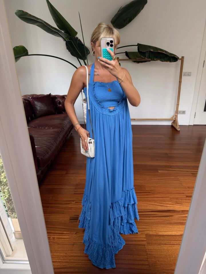 MAVİ STRAPLEZ DETAY MAXI İTHAL ELBİSE