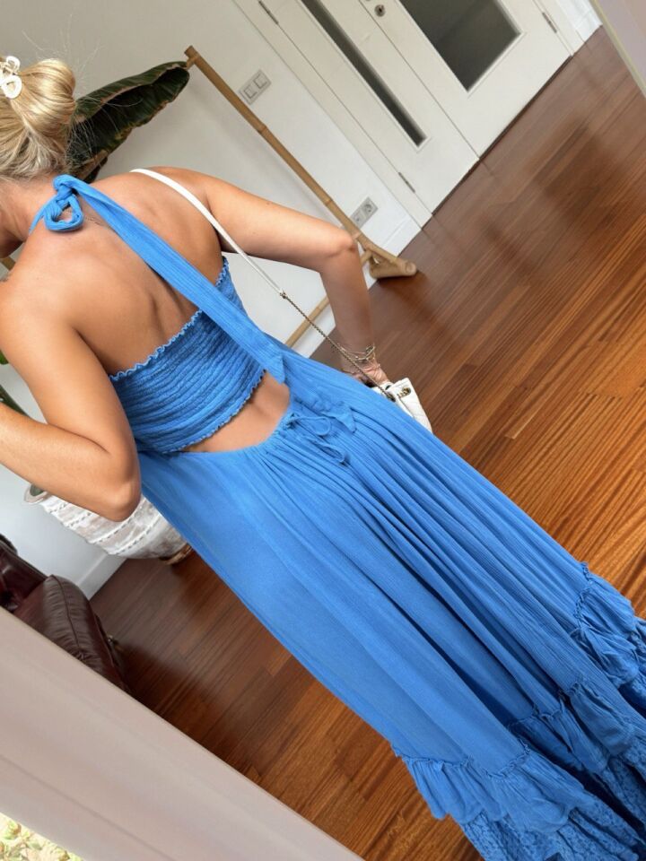 MAVİ STRAPLEZ DETAY MAXI İTHAL ELBİSE