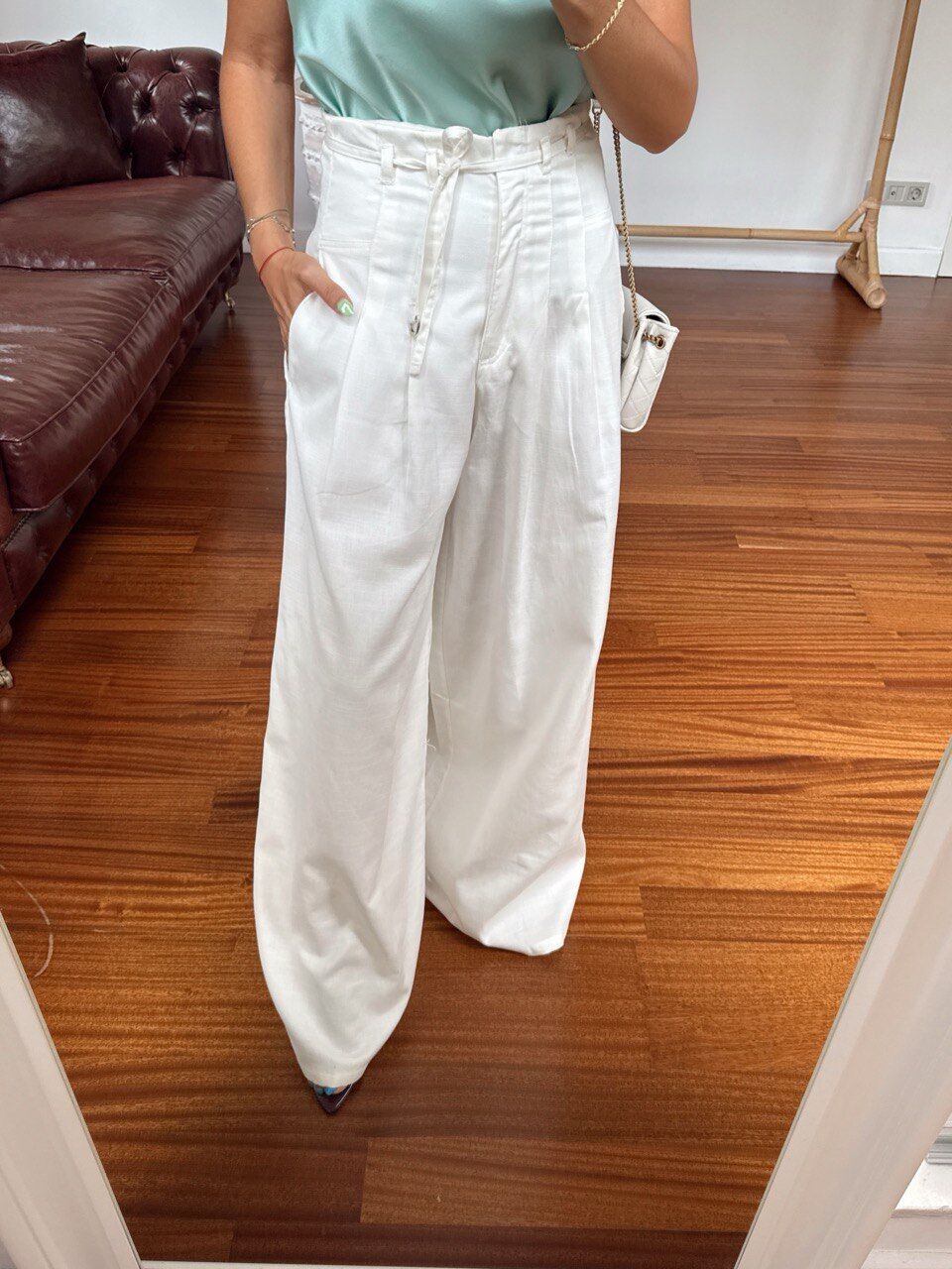 EKRU YÜKSEK BEL PİLİ DETAY PANTOLON