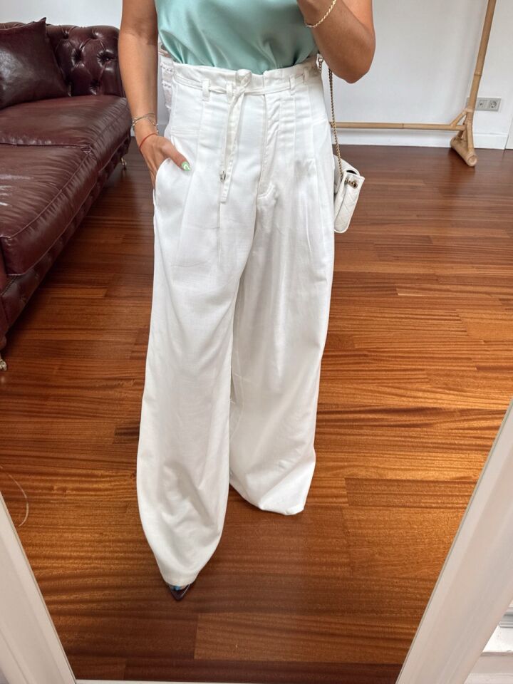 EKRU YÜKSEK BEL PİLİ DETAY PANTOLON