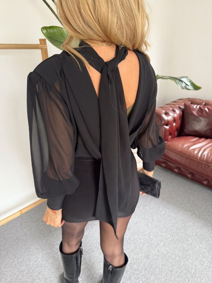 SİYAH TRANSPARAN ŞİFON MİNİ ELBİSE