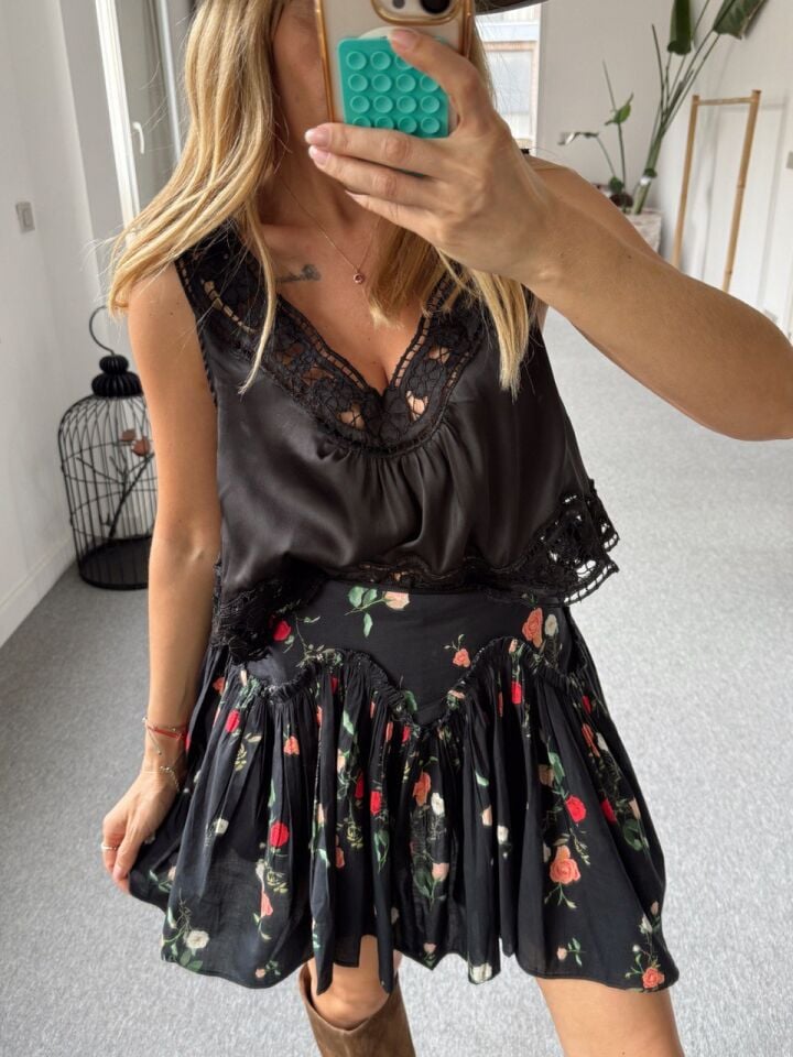 SİYAH ASİMETRİK DESENLİ İTHAL ŞORT ETEK