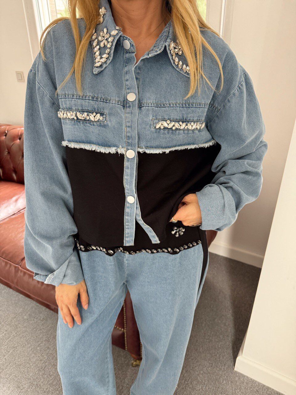 SİYAH DENIM TAŞ İŞLEMELİ İTHAL TAKIM