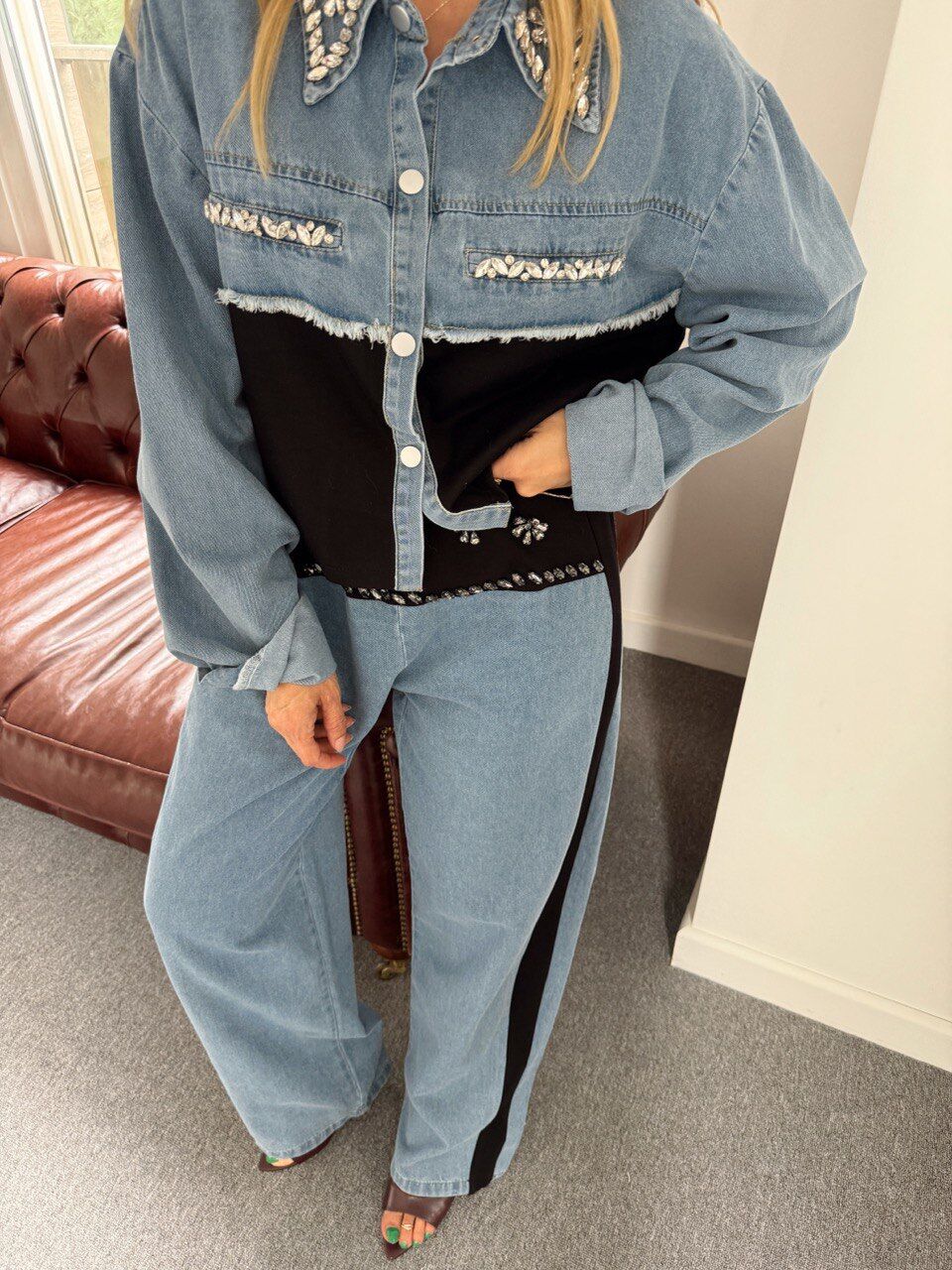 SİYAH DENIM TAŞ İŞLEMELİ İTHAL TAKIM