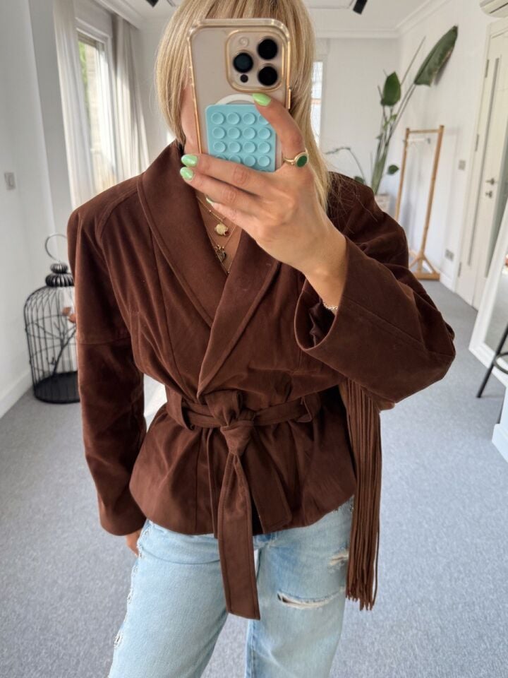 KAHVE KEMERLİ NUBUK CEKET