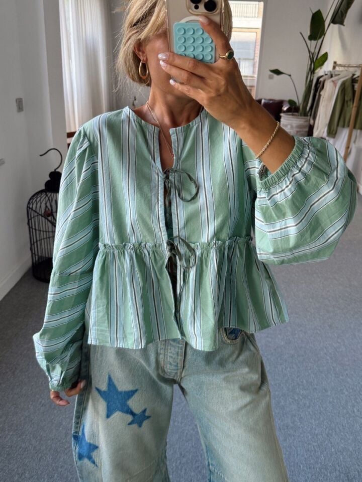 YEŞİL ÇİZGİLİ BALON KOL POPLİN İTHAL GÖMLEK