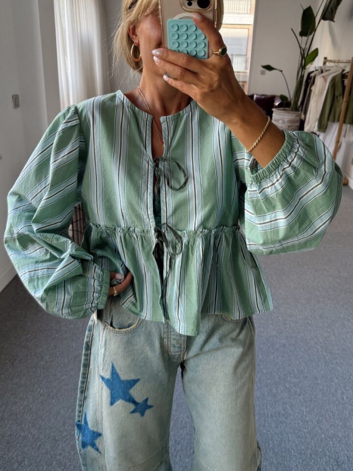 YEŞİL ÇİZGİLİ BALON KOL POPLİN İTHAL GÖMLEK